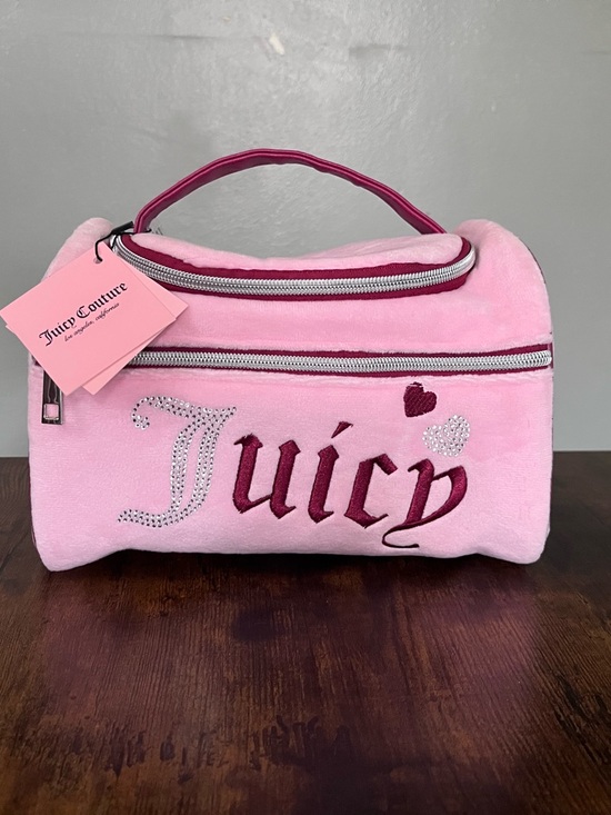 Juicy Couture Handbags - Juicy Couture Pink Plush Embroidered 'Juicy' Cosmetic Bag with Crystal Accents